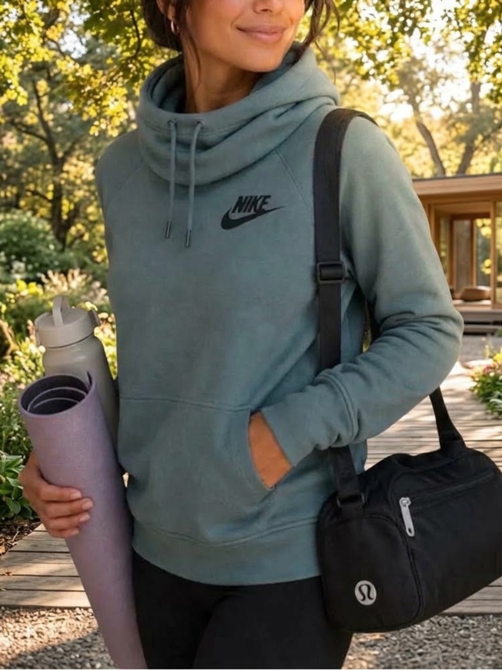 Nike Womens Olive Green Funnel Cowl Neck Fleece Pullover Hoodie Sweatshirt M⁠